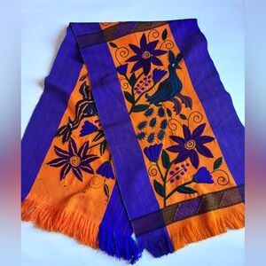 Vintage Embroidered Table Runner Orange Blue Birds Floral 19x66